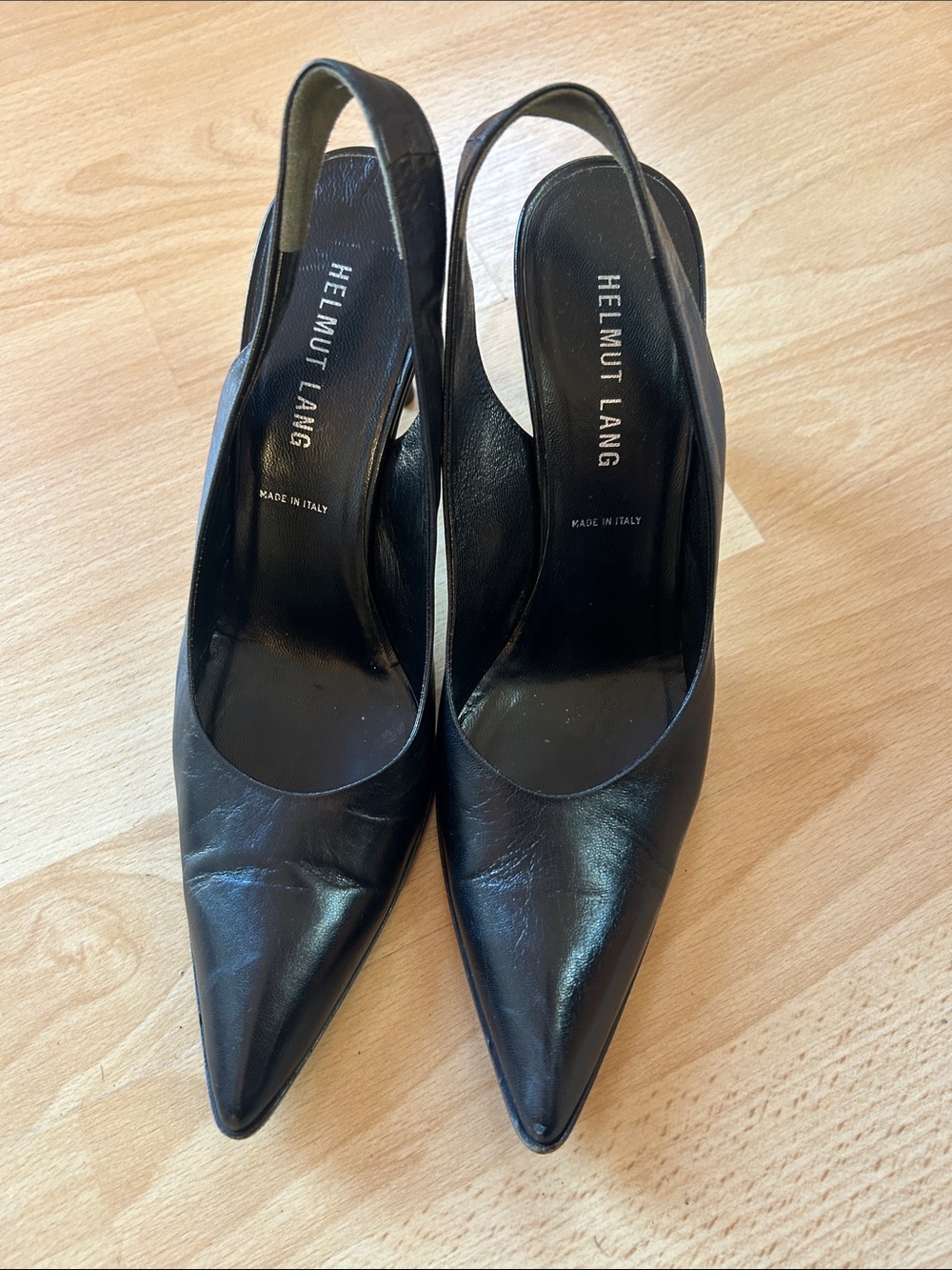 Helmut Lang Black Pointed Leather Slingback Heels